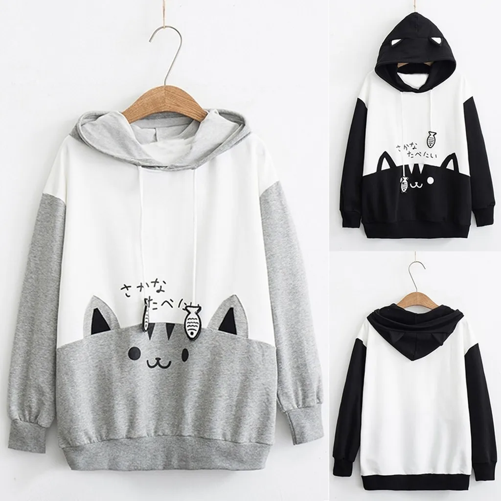 Spring Ladies Long Sleeve Cat Sweatshirt Womens Casual Kitty Cat Print Pocket Thin Hoodie Blouse Top Shirt худи женское платье