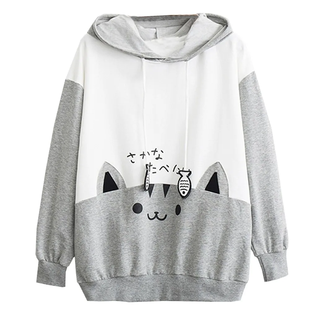 Spring Ladies Long Sleeve Cat Sweatshirt Womens Casual Kitty Cat Print Pocket Thin Hoodie Blouse Top Shirt худи женское платье