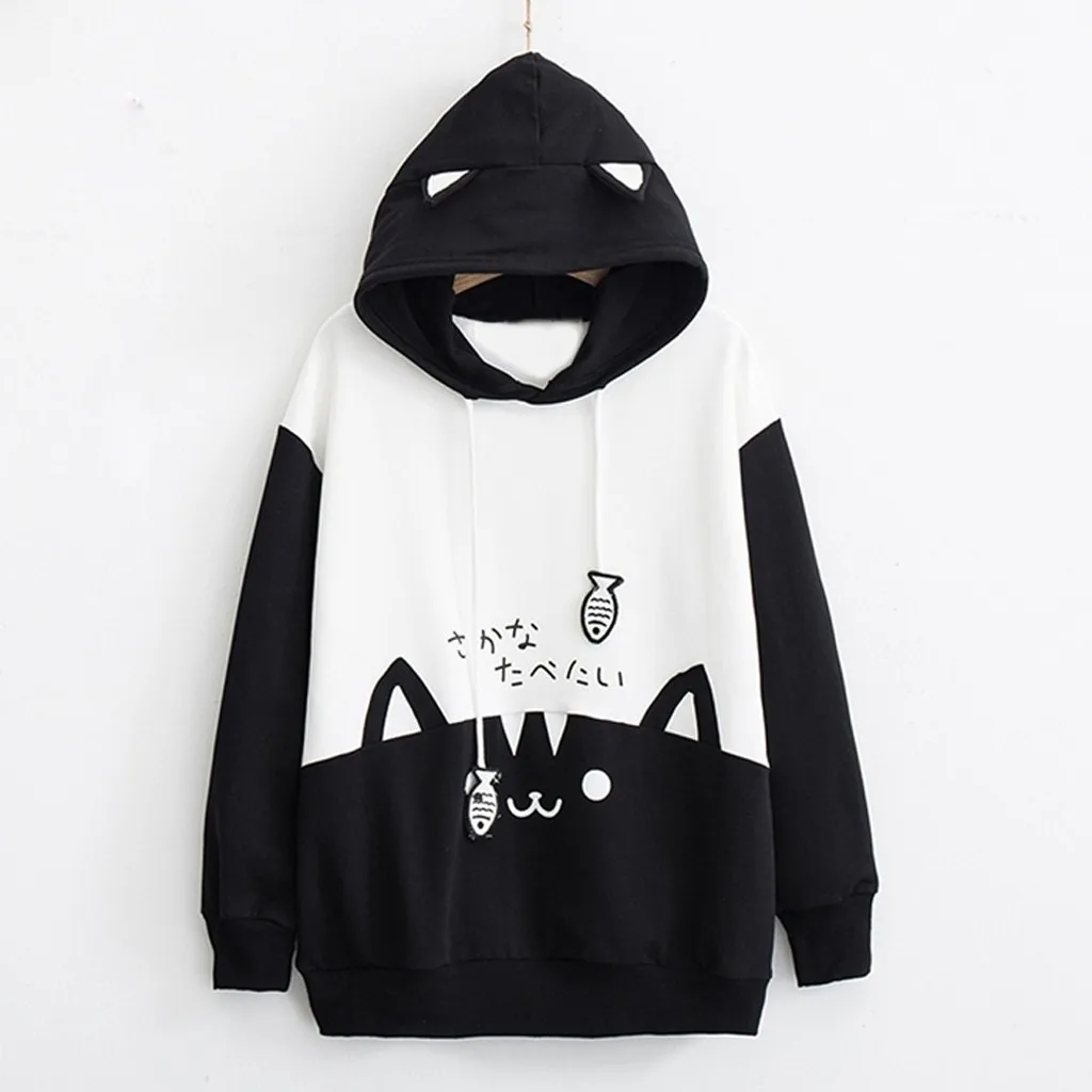 Spring Ladies Long Sleeve Cat Sweatshirt Womens Casual Kitty Cat Print Pocket Thin Hoodie Blouse Top Shirt худи женское платье
