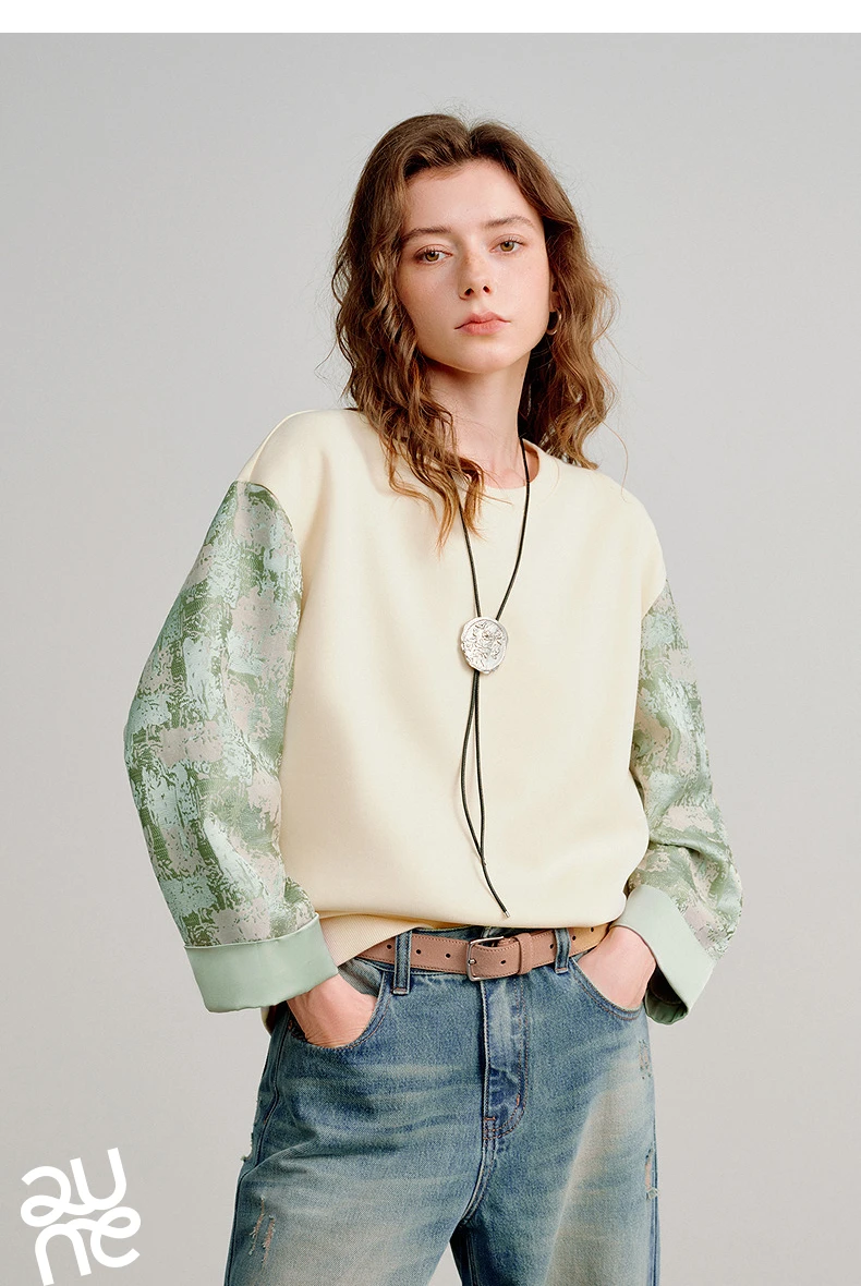 TOYOUTH Women Hoodies 2026 Spring New Fake Two-Piece Splicing Jacquard Casual Sweatshirt Tops