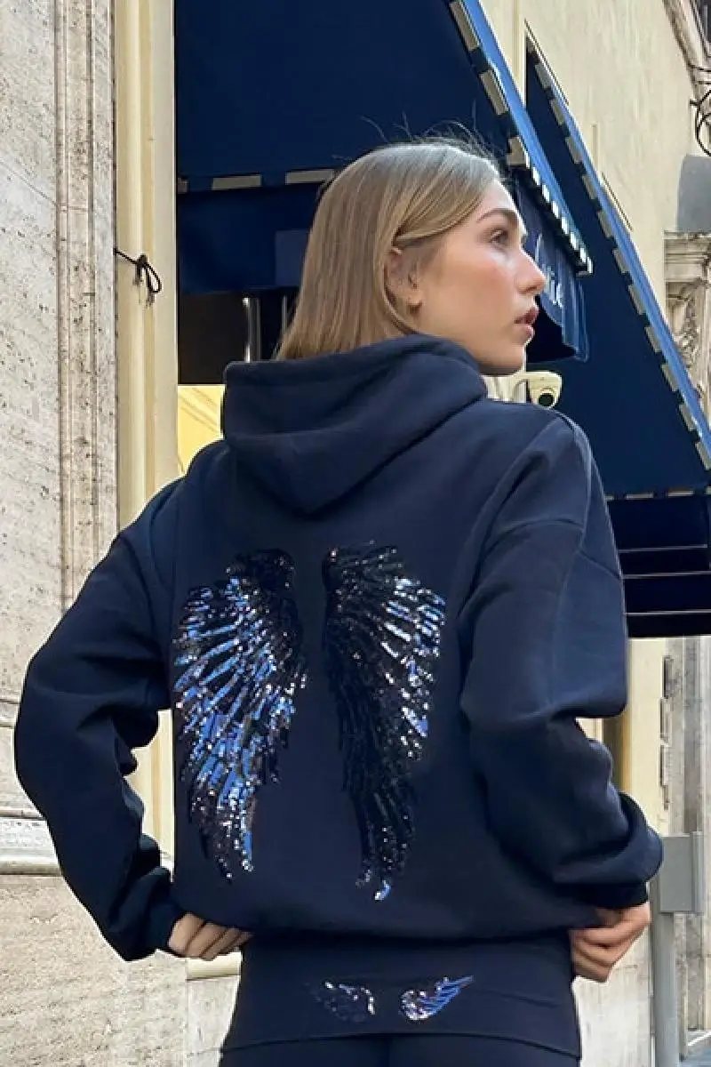 Women Fashion Sequin Angel Wings Printed Hoodies Casual Long Sleeved Hooded Solid Color Tops 2025 New High Street Y2k Outwear