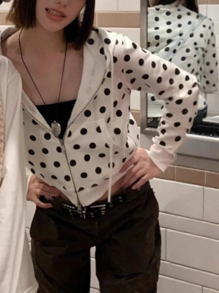 Spring Women Polka Dot Printing Casual Sweatshirts Y2k Aesthetic Grunge Pocket Hoodies Harajuku Vintage Cropped Hooded Hoody