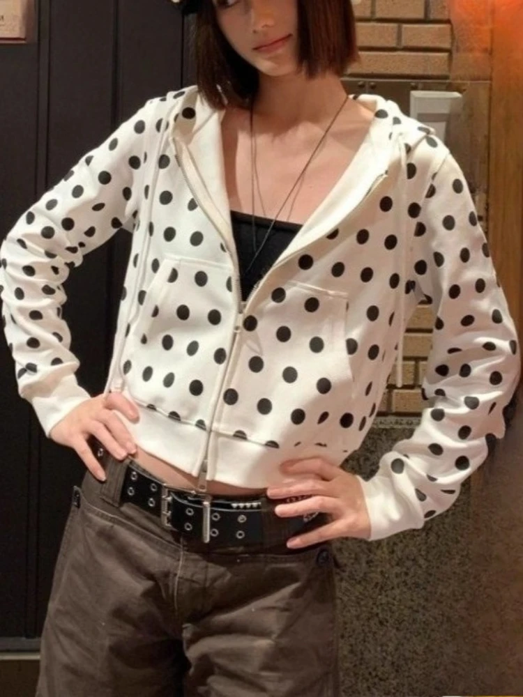 Spring Women Polka Dot Printing Casual Sweatshirts Y2k Aesthetic Grunge Pocket Hoodies Harajuku Vintage Cropped Hooded Hoody