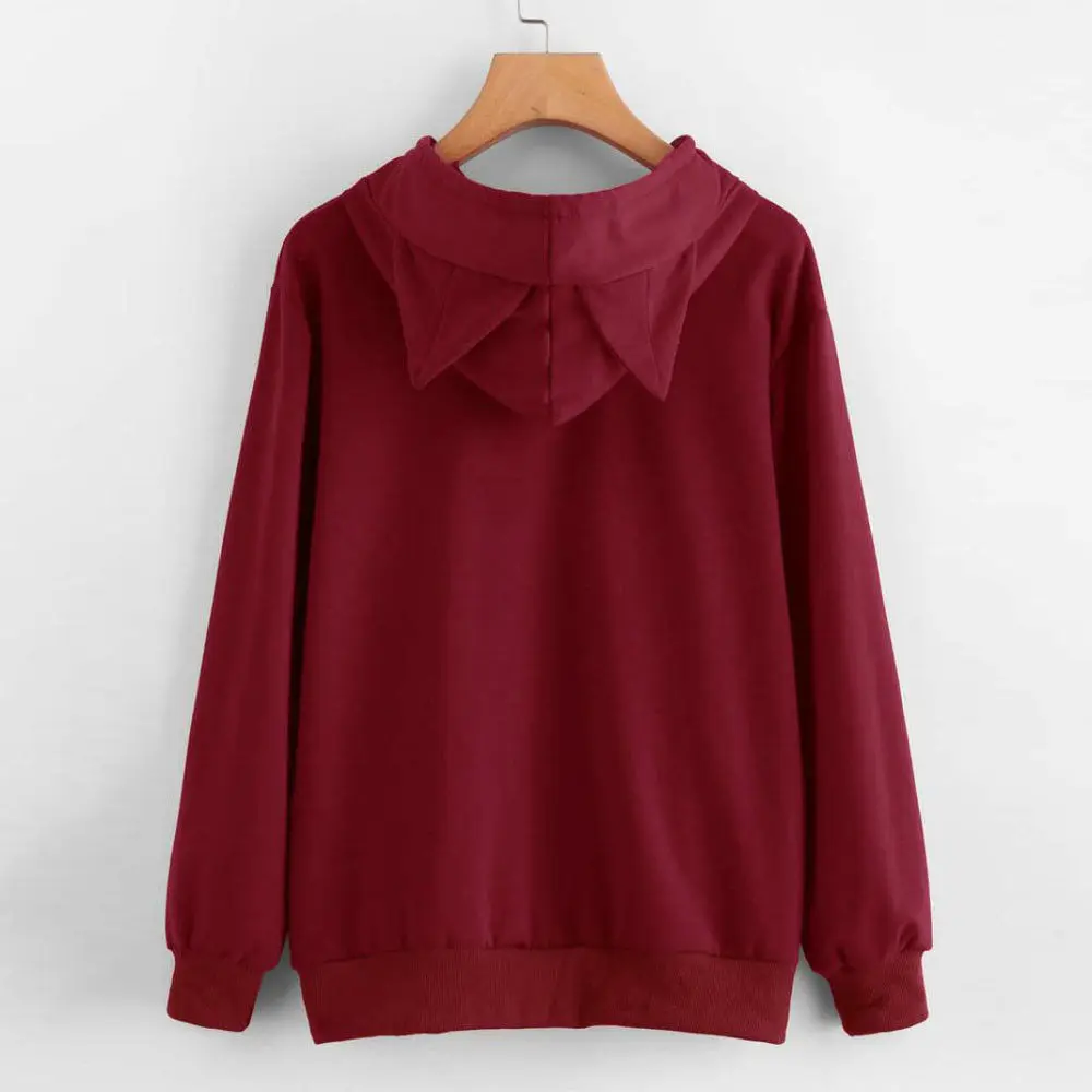 Long Sleeve Hoodies Sweatshirt For Women Cute Cat Print and Ear Kangaroo Pocket Drawstring Hooded Jogger Pullover Tops