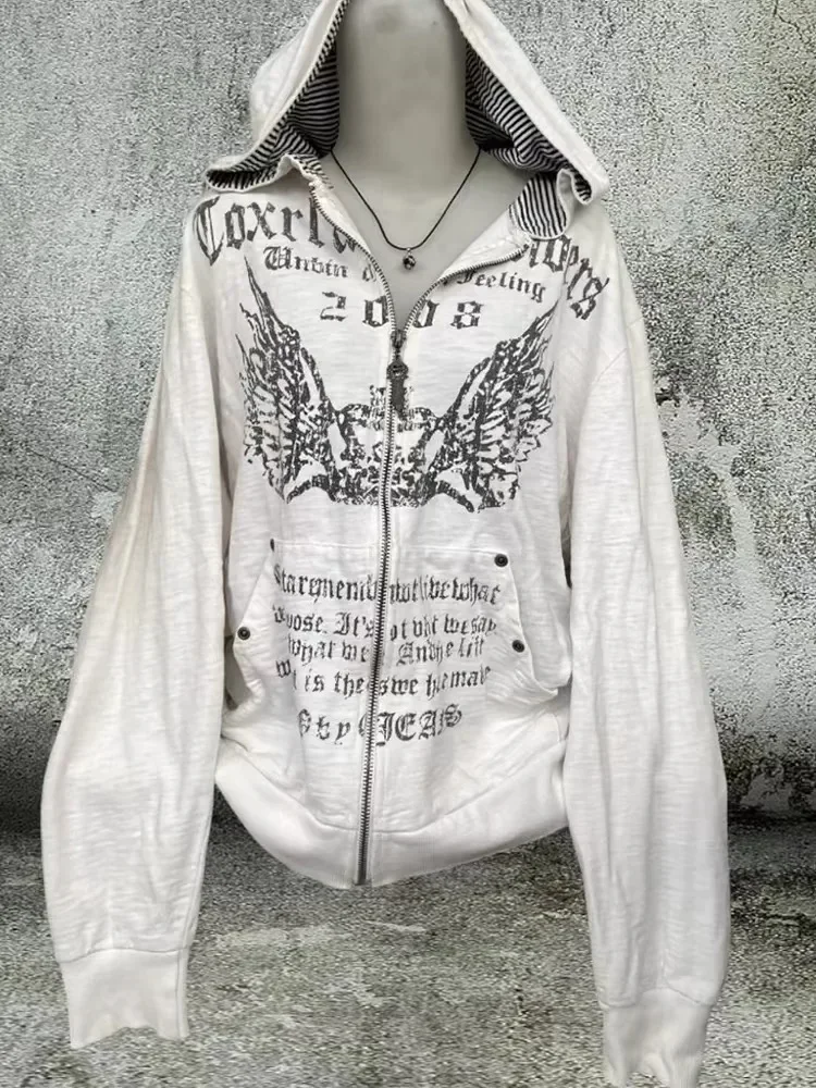 American Retro Printed Zipper Sweatshirt Women's Y2K New Harajuku Hip Hop Goth Casual Joker Long Sleeve Zipper Hoodie Streetwear