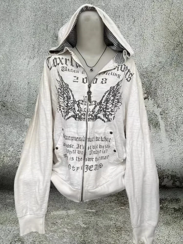 American Retro Printed Zipper Sweatshirt Women's Y2K New Harajuku Hip Hop Goth Casual Joker Long Sleeve Zipper Hoodie Streetwear