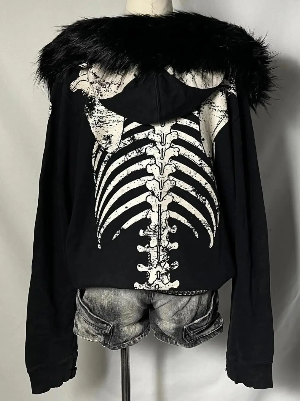 Autumn American Vintage Gothic Punk Outerwear Women's Fur Collar Skull Print Y2K Subcultural Hoodie Harajuku Casual Street Wear