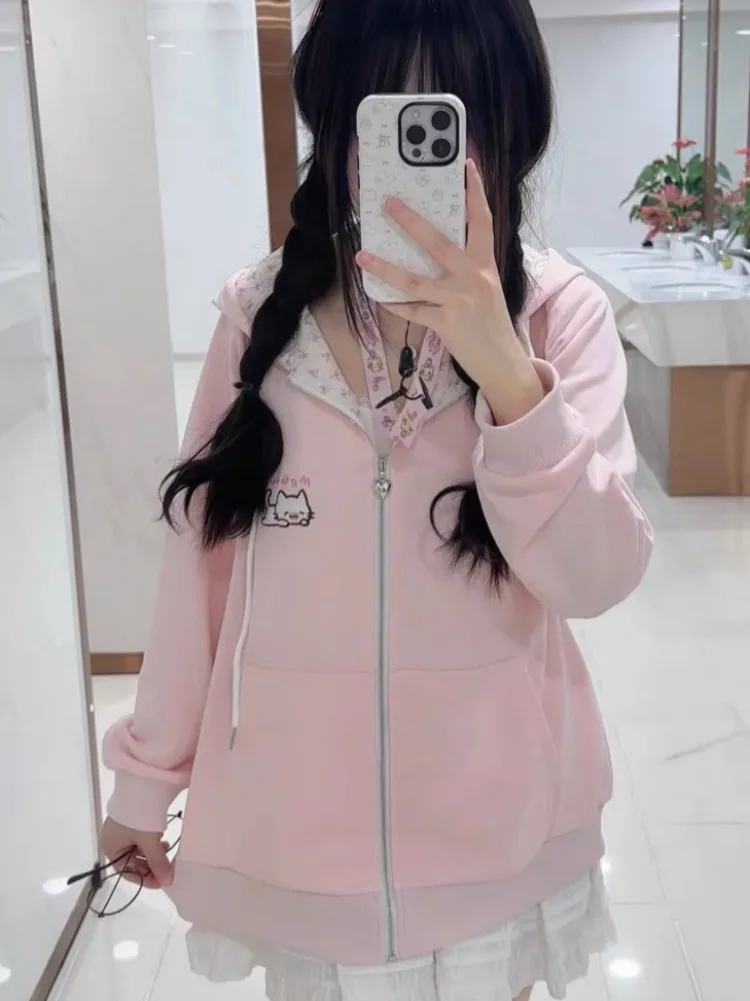 Japanese Pink Kawaii Cute Cartoon Embroidery Hoodie Women Y2k Aesthetic Patchwork Pocket Hoody Casual Grunge Zipper Sweatshirts
