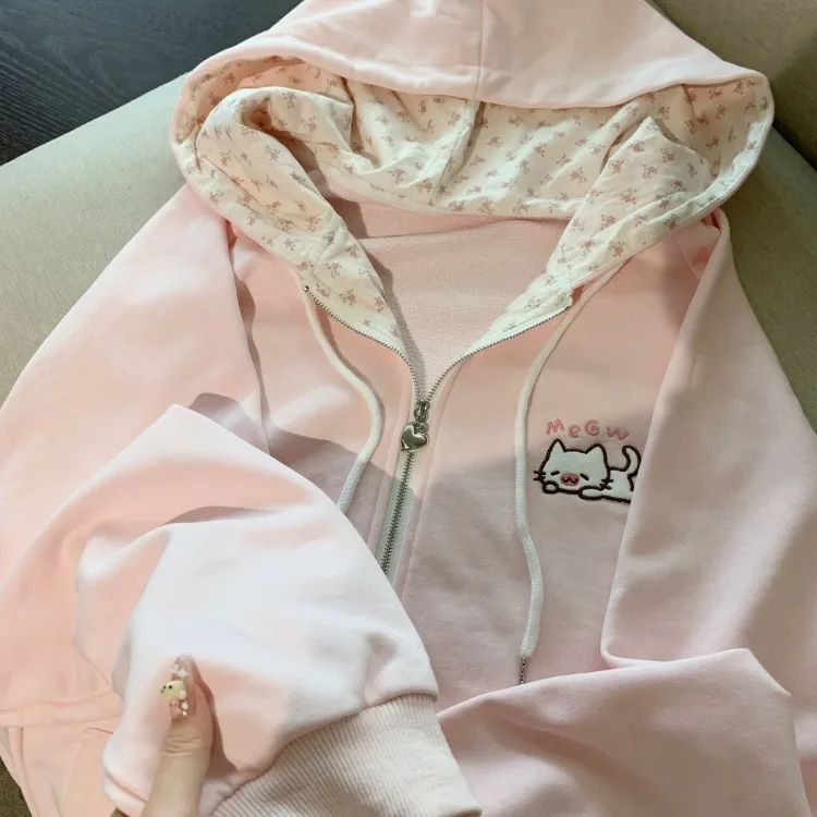 Japanese Pink Kawaii Cute Cartoon Embroidery Hoodie Women Y2k Aesthetic Patchwork Pocket Hoody Casual Grunge Zipper Sweatshirts