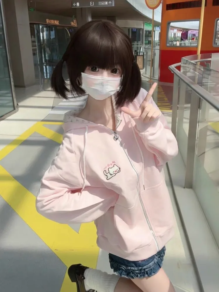 Japanese Pink Kawaii Cute Cartoon Embroidery Hoodie Women Y2k Aesthetic Patchwork Pocket Hoody Casual Grunge Zipper Sweatshirts