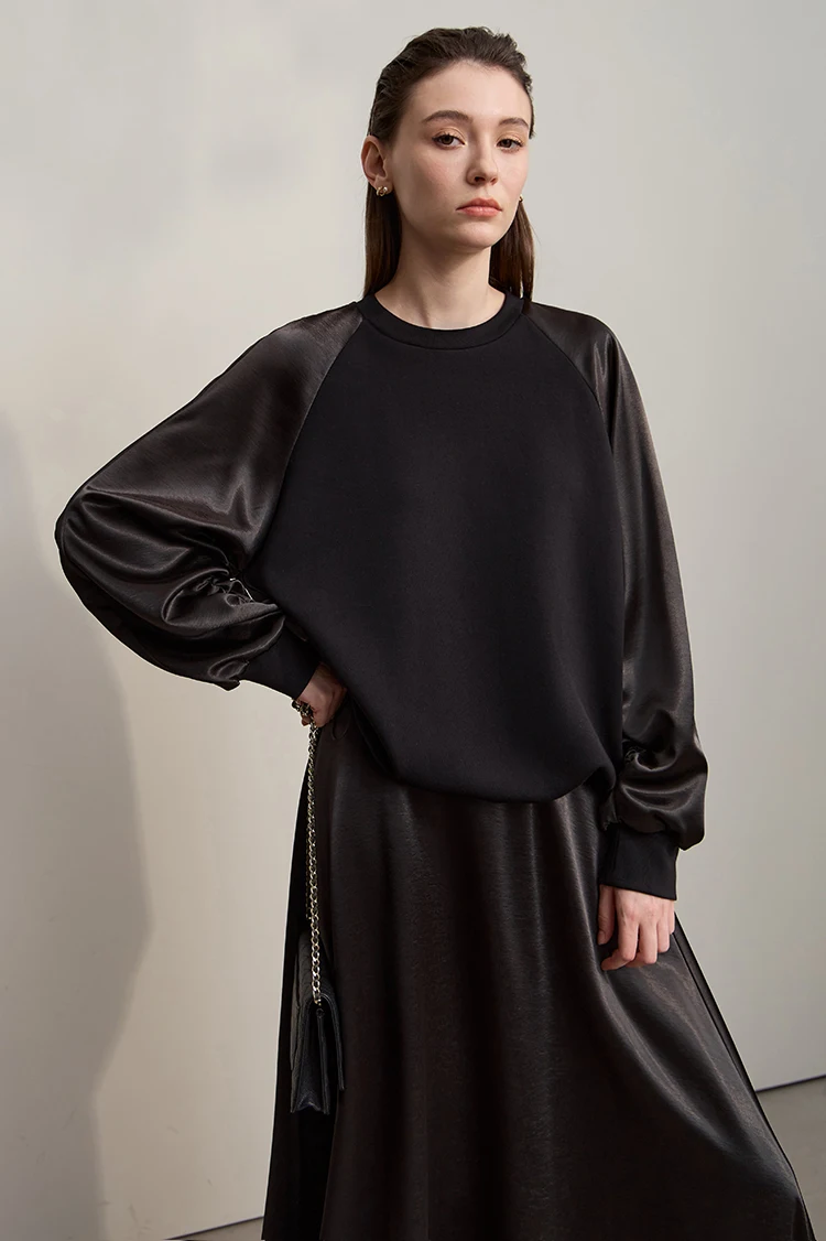 AMII Woman Sweatshirts 2026 Autumn Minimalist O-Neck Loose Casual Top Women Patchwork Long Sleeve Sweatshirts For Women 12543175
