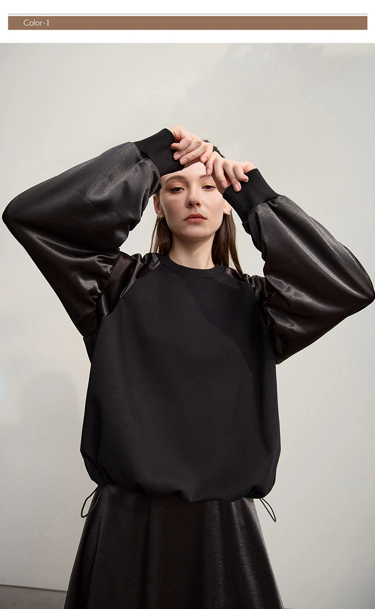 AMII Woman Sweatshirts 2026 Autumn Minimalist O-Neck Loose Casual Top Women Patchwork Long Sleeve Sweatshirts For Women 12543175