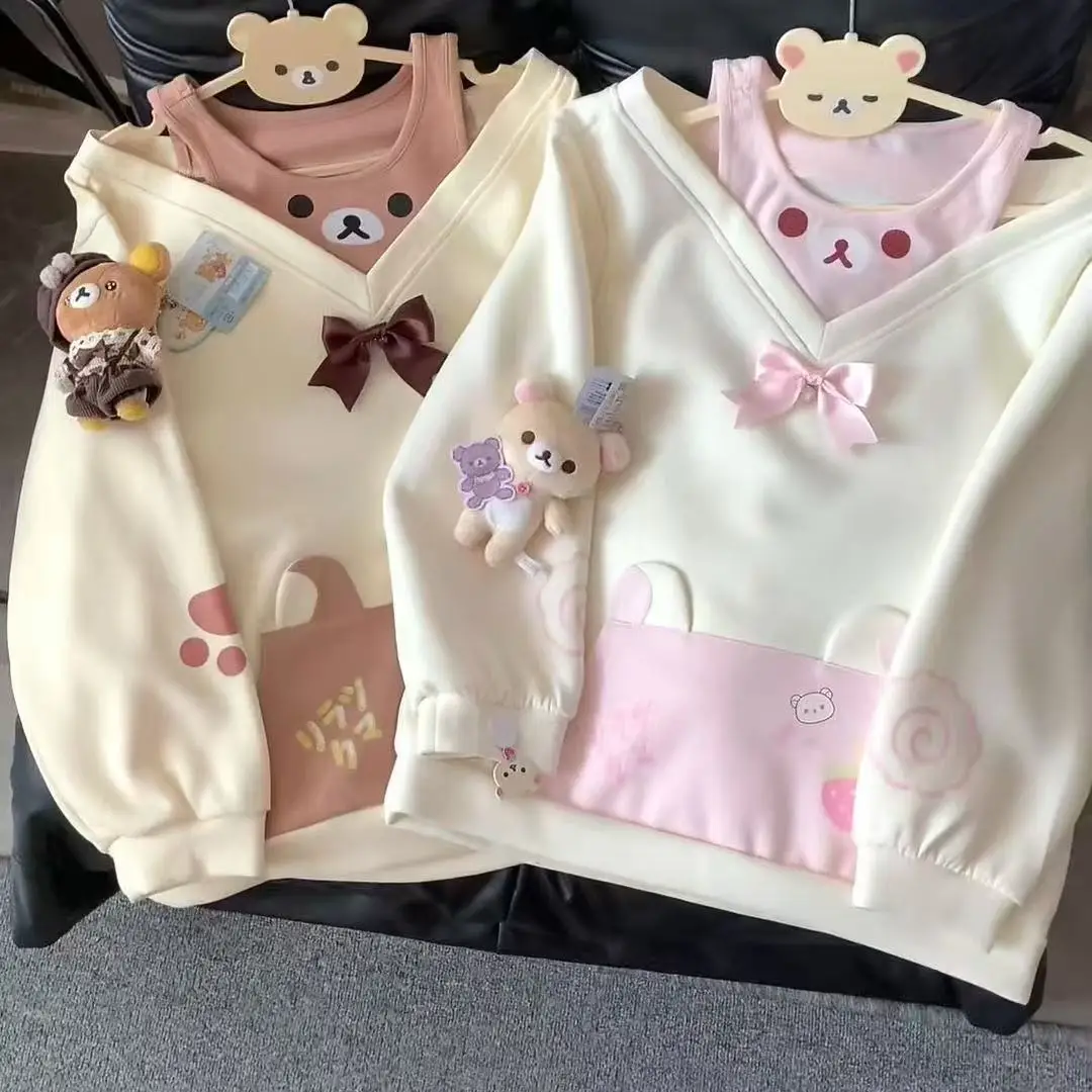 Japanese Kawaii Sweatshirts Women Autumn Sweet Bow Casual Off Shoulder Hoodies Design Elegant Lolita Tops Patchwork Coat