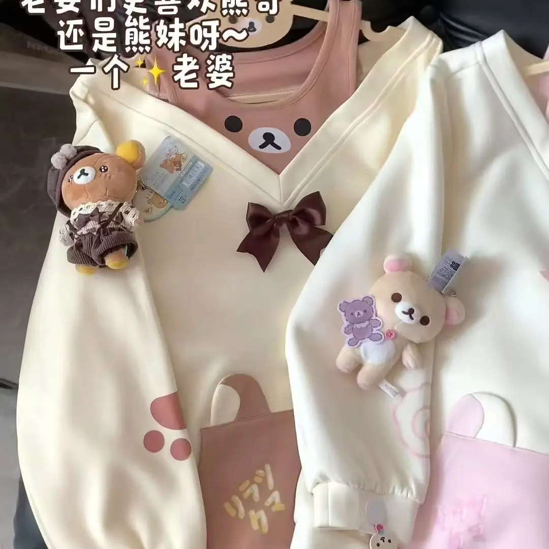 Japanese Kawaii Sweatshirts Women Autumn Sweet Bow Casual Off Shoulder Hoodies Design Elegant Lolita Tops Patchwork Coat