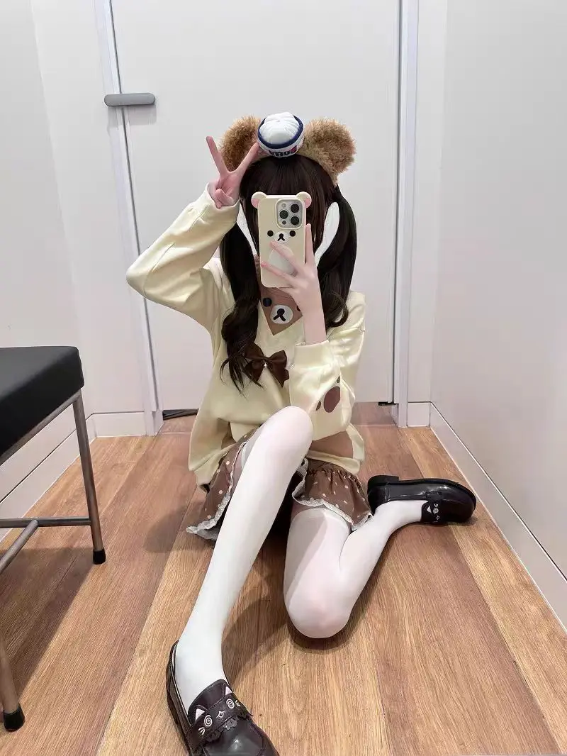 Japanese Kawaii Sweatshirts Women Autumn Sweet Bow Casual Off Shoulder Hoodies Design Elegant Lolita Tops Patchwork Coat
