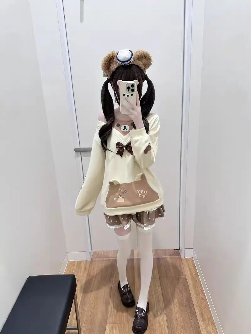 Japanese Kawaii Sweatshirts Women Autumn Sweet Bow Casual Off Shoulder Hoodies Design Elegant Lolita Tops Patchwork Coat