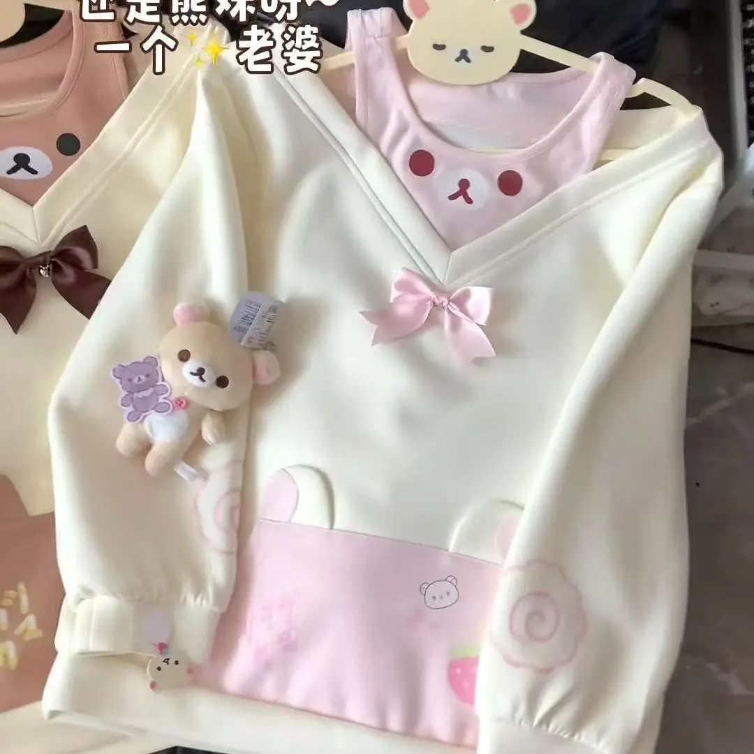 Japanese Kawaii Sweatshirts Women Autumn Sweet Bow Casual Off Shoulder Hoodies Design Elegant Lolita Tops Patchwork Coat