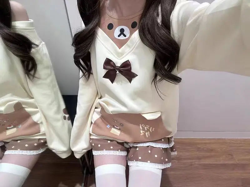 Japanese Kawaii Sweatshirts Women Autumn Sweet Bow Casual Off Shoulder Hoodies Design Elegant Lolita Tops Patchwork Coat