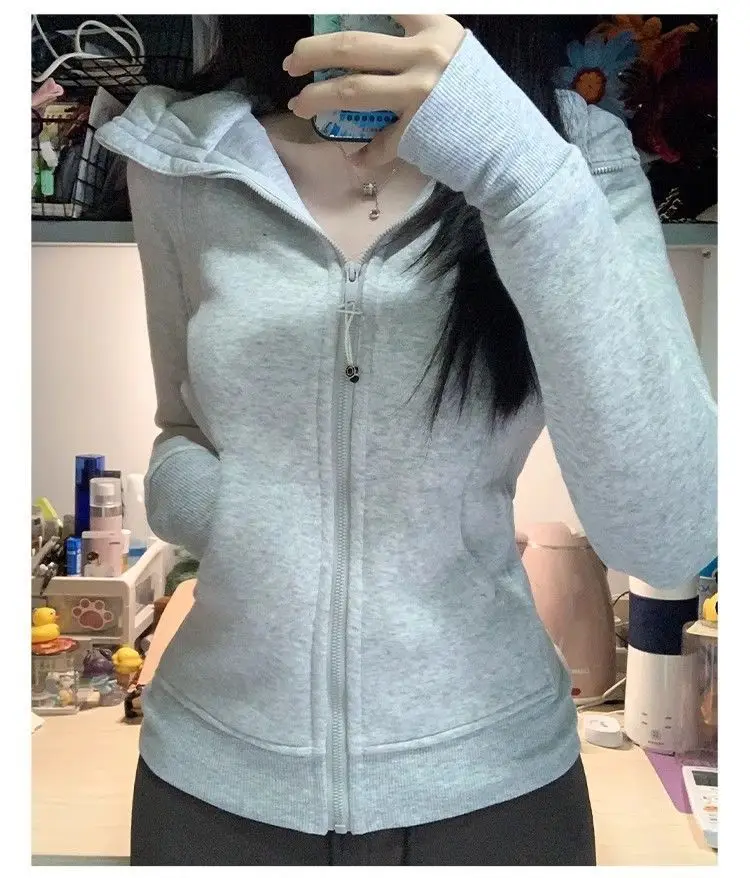 Streetwear Black Hoodie Coat 2025 Women's Clothing Hooded Zipper Slim Fit Y2k Jackets Casual Fashion Sweatshirts Tops Ropa Mujer