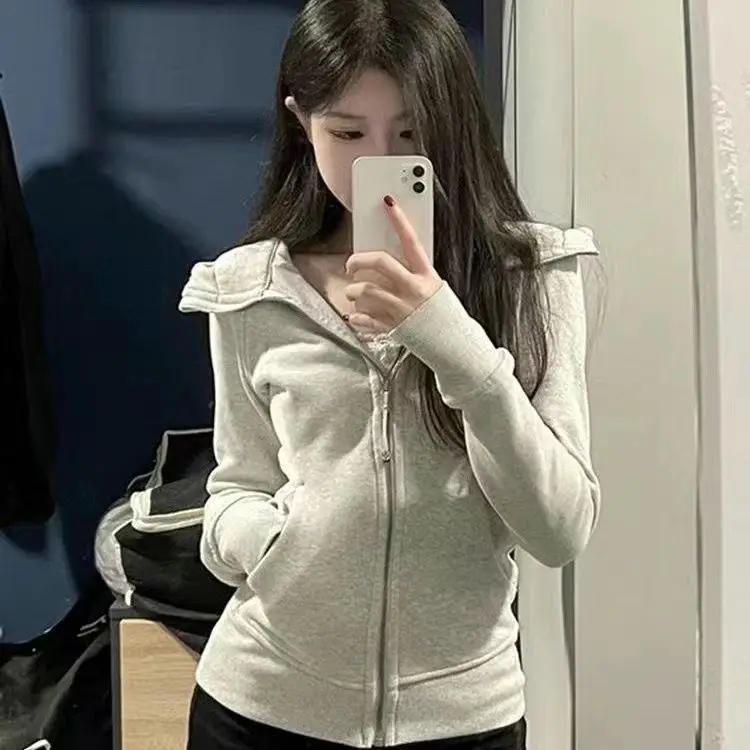 Streetwear Black Hoodie Coat 2025 Women's Clothing Hooded Zipper Slim Fit Y2k Jackets Casual Fashion Sweatshirts Tops Ropa Mujer