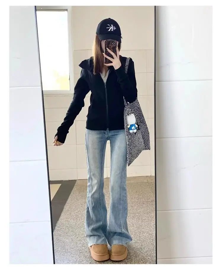 Streetwear Black Hoodie Coat 2025 Women's Clothing Hooded Zipper Slim Fit Y2k Jackets Casual Fashion Sweatshirts Tops Ropa Mujer