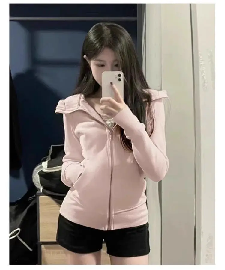 Streetwear Black Hoodie Coat 2025 Women's Clothing Hooded Zipper Slim Fit Y2k Jackets Casual Fashion Sweatshirts Tops Ropa Mujer
