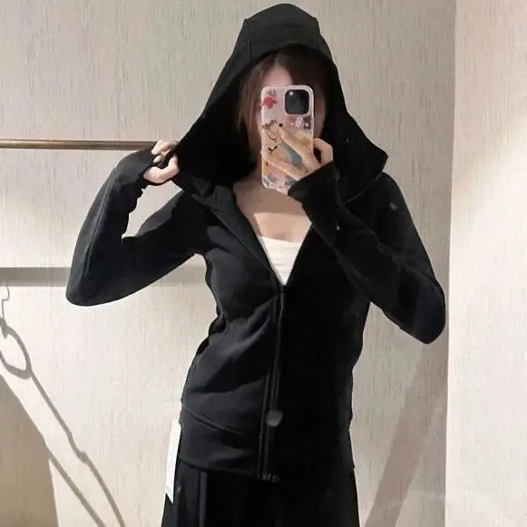 Streetwear Black Hoodie Coat 2025 Women's Clothing Hooded Zipper Slim Fit Y2k Jackets Casual Fashion Sweatshirts Tops Ropa Mujer
