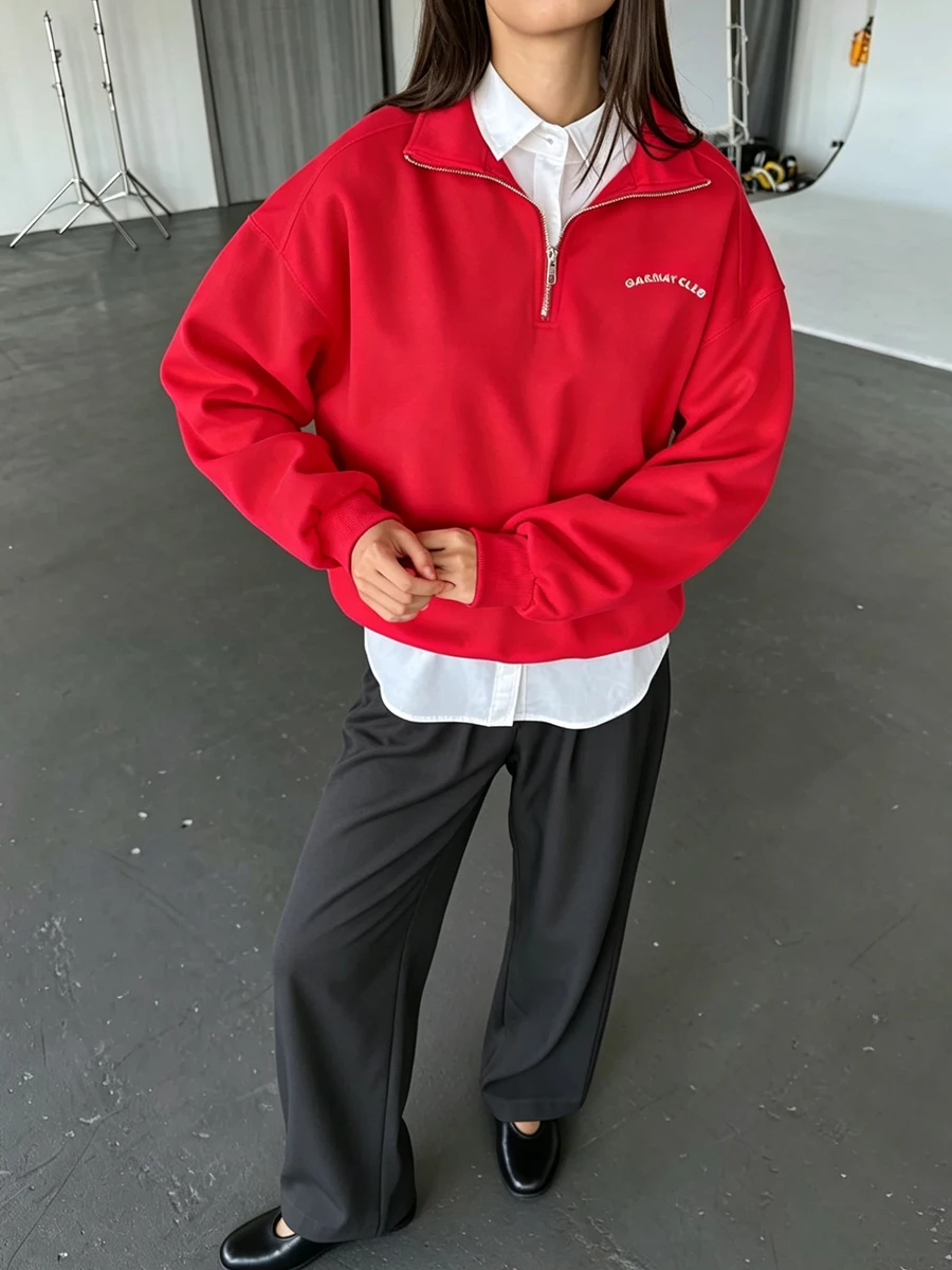 Fashion Women's Zip-up Sweatshirt Oversized Autumn Red Vintage Pinterest Sweatshirt with Zipper Cotton Long-sleeved Street Style