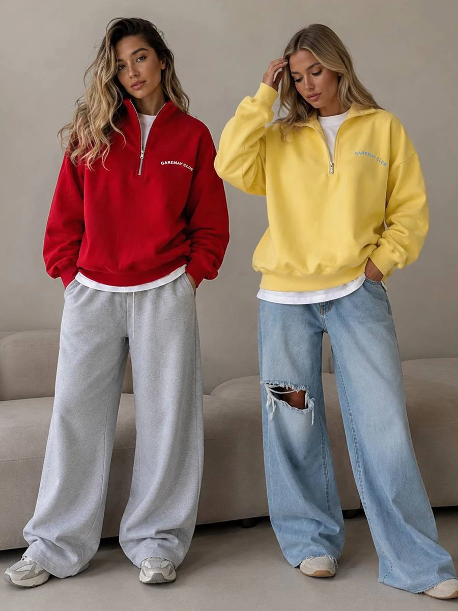 Fashion Women's Zip-up Sweatshirt Oversized Autumn Red Vintage Pinterest Sweatshirt with Zipper Cotton Long-sleeved Street Style