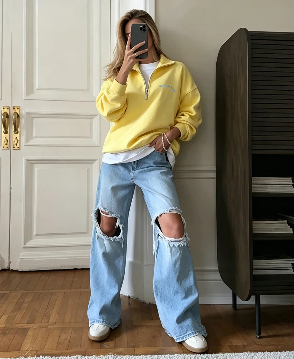 Fashion Women's Zip-up Sweatshirt Oversized Autumn Red Vintage Pinterest Sweatshirt with Zipper Cotton Long-sleeved Street Style