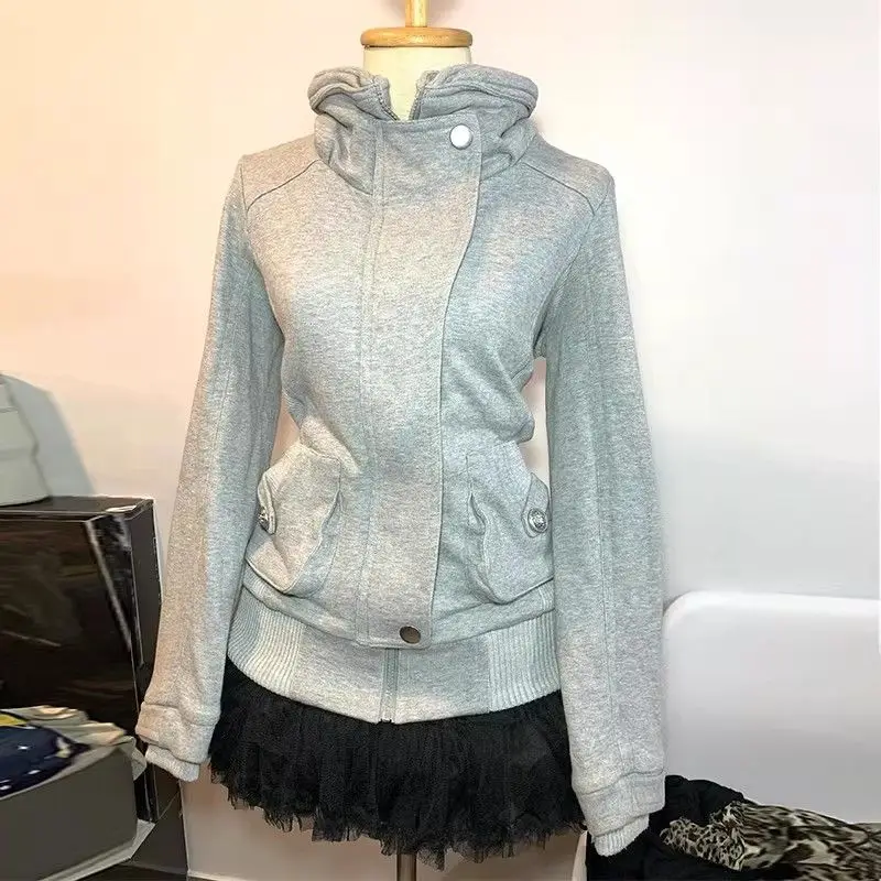 2026 Retro Gray Sweatshirt For Women Vintage High-End Fashion Hoodie Sweatshirt Spring Autumn Women Hooded Jacket New Women Coat