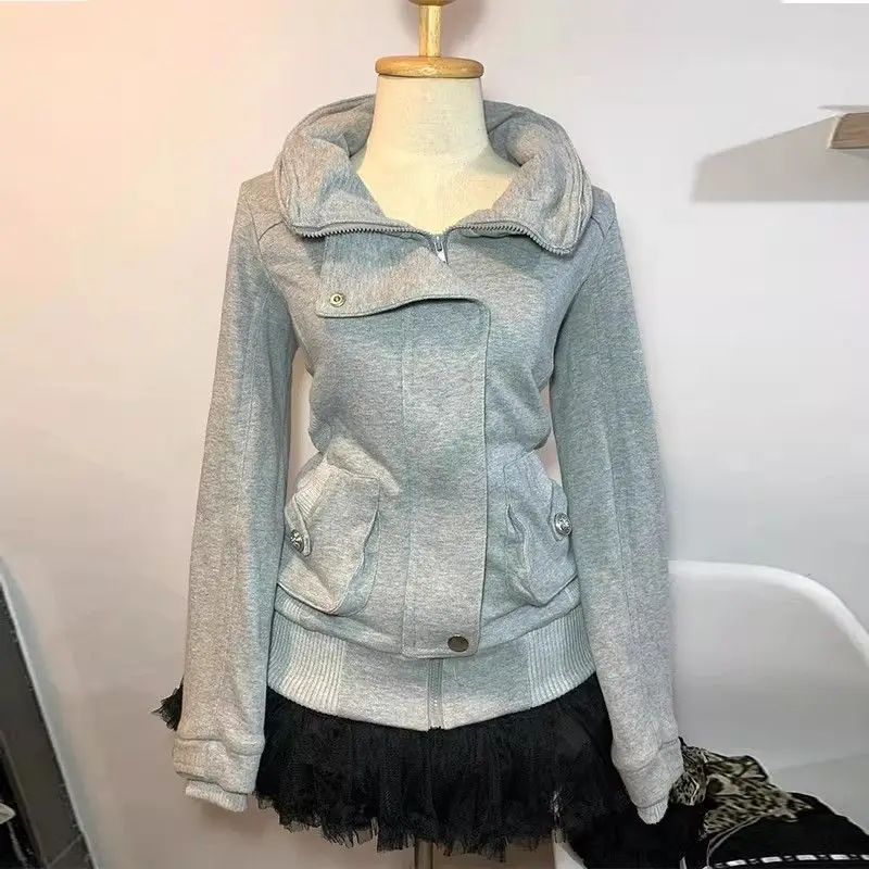 2026 Retro Gray Sweatshirt For Women Vintage High-End Fashion Hoodie Sweatshirt Spring Autumn Women Hooded Jacket New Women Coat