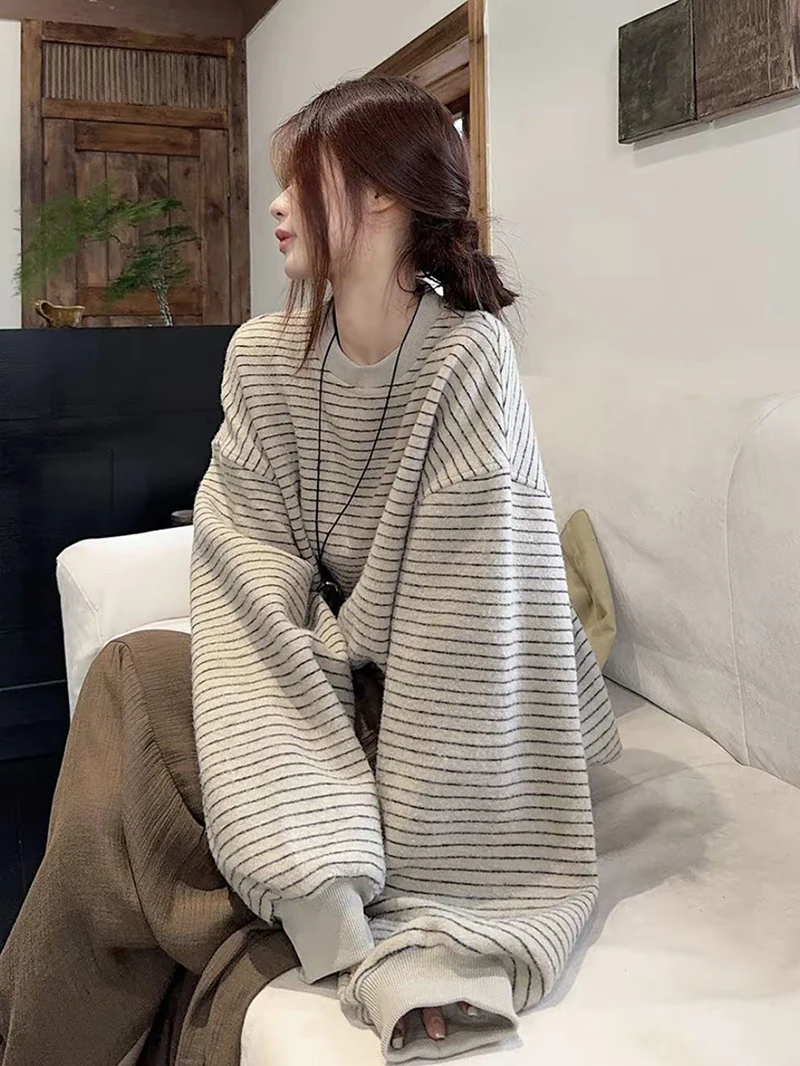 Women Vintage Striped Sweatshirts Autumn Winter Preppy Loose Casual O Neck Pullovers Retro Streetwear Long Sleeve Baggy Tops New
