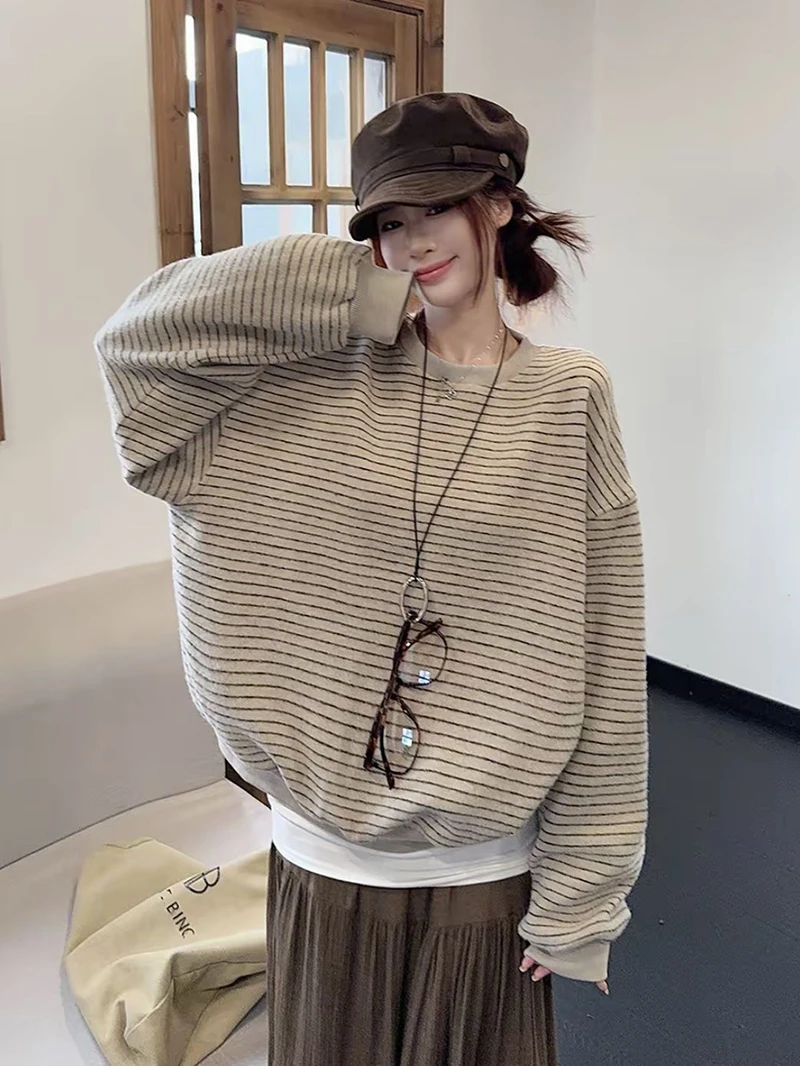 Women Vintage Striped Sweatshirts Autumn Winter Preppy Loose Casual O Neck Pullovers Retro Streetwear Long Sleeve Baggy Tops New