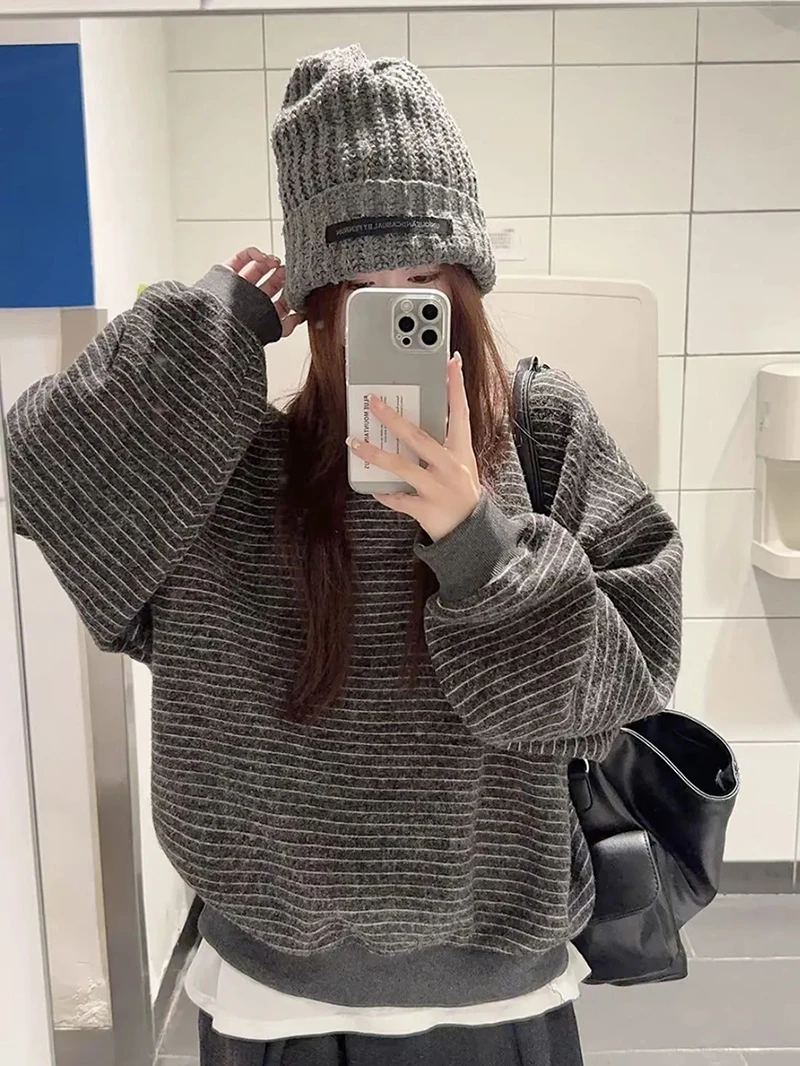 Women Vintage Striped Sweatshirts Autumn Winter Preppy Loose Casual O Neck Pullovers Retro Streetwear Long Sleeve Baggy Tops New