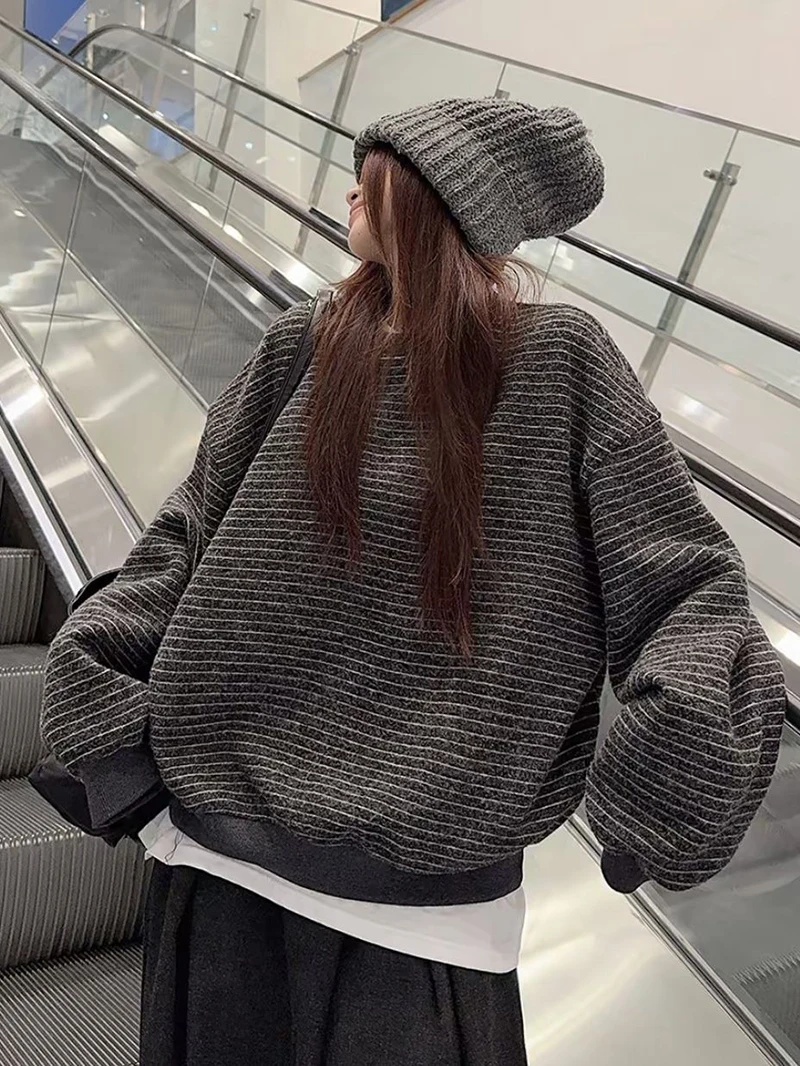 Women Vintage Striped Sweatshirts Autumn Winter Preppy Loose Casual O Neck Pullovers Retro Streetwear Long Sleeve Baggy Tops New