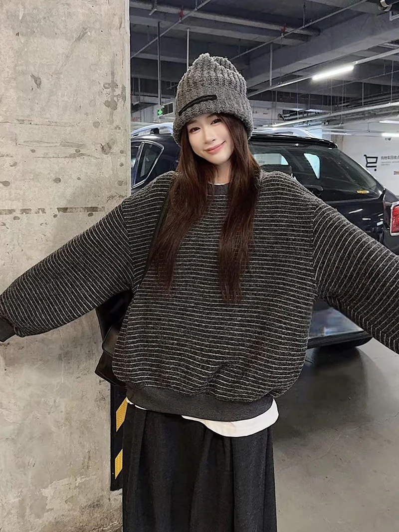 Women Vintage Striped Sweatshirts Autumn Winter Preppy Loose Casual O Neck Pullovers Retro Streetwear Long Sleeve Baggy Tops New