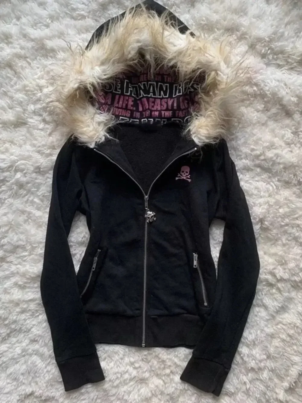 Y2K Black Fur Collar Zipper Sweatshirt Hoodie Sexy Women Sweatshirt Harajuku Goth Letter Graphic Print Slim Coat Winter Clothes
