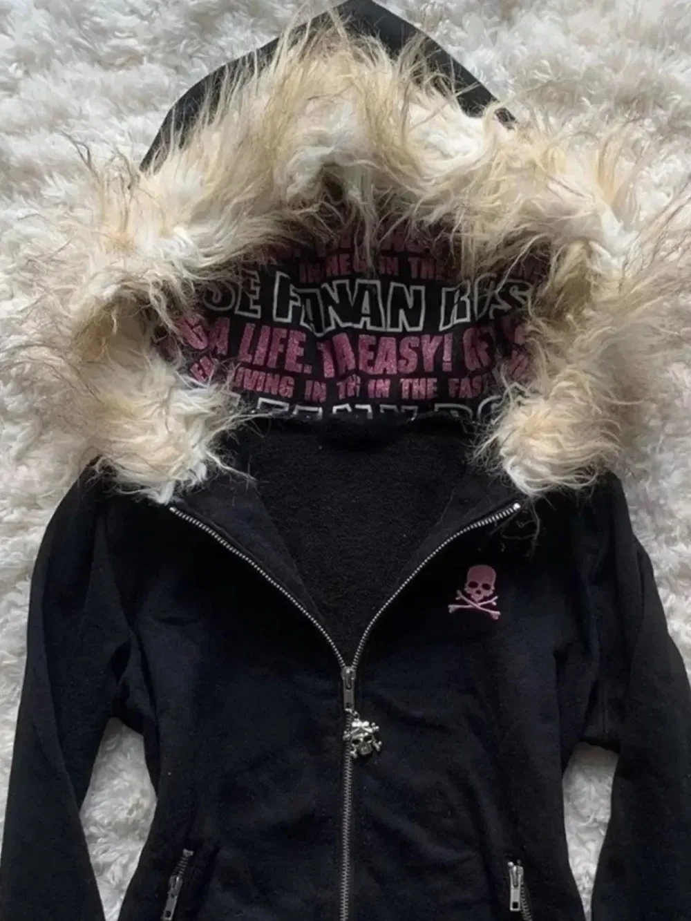 Y2K Black Fur Collar Zipper Sweatshirt Hoodie Sexy Women Sweatshirt Harajuku Goth Letter Graphic Print Slim Coat Winter Clothes