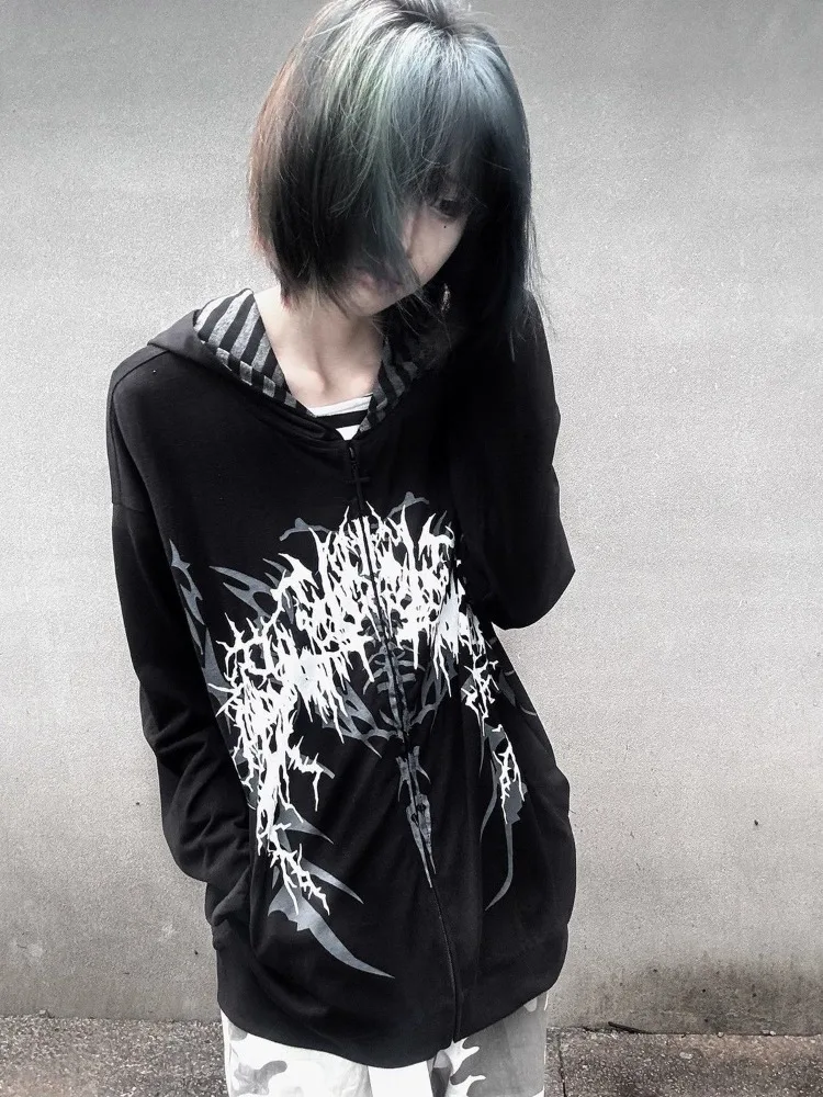 Subculture Y2k Japanese Hooded Sweatshirt Women Thin Spring Autumn Retro Loose Zipper Jacket Top 2000s Korea Casual Hoodies New