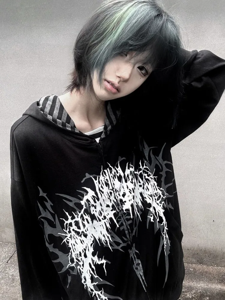 Subculture Y2k Japanese Hooded Sweatshirt Women Thin Spring Autumn Retro Loose Zipper Jacket Top 2000s Korea Casual Hoodies New