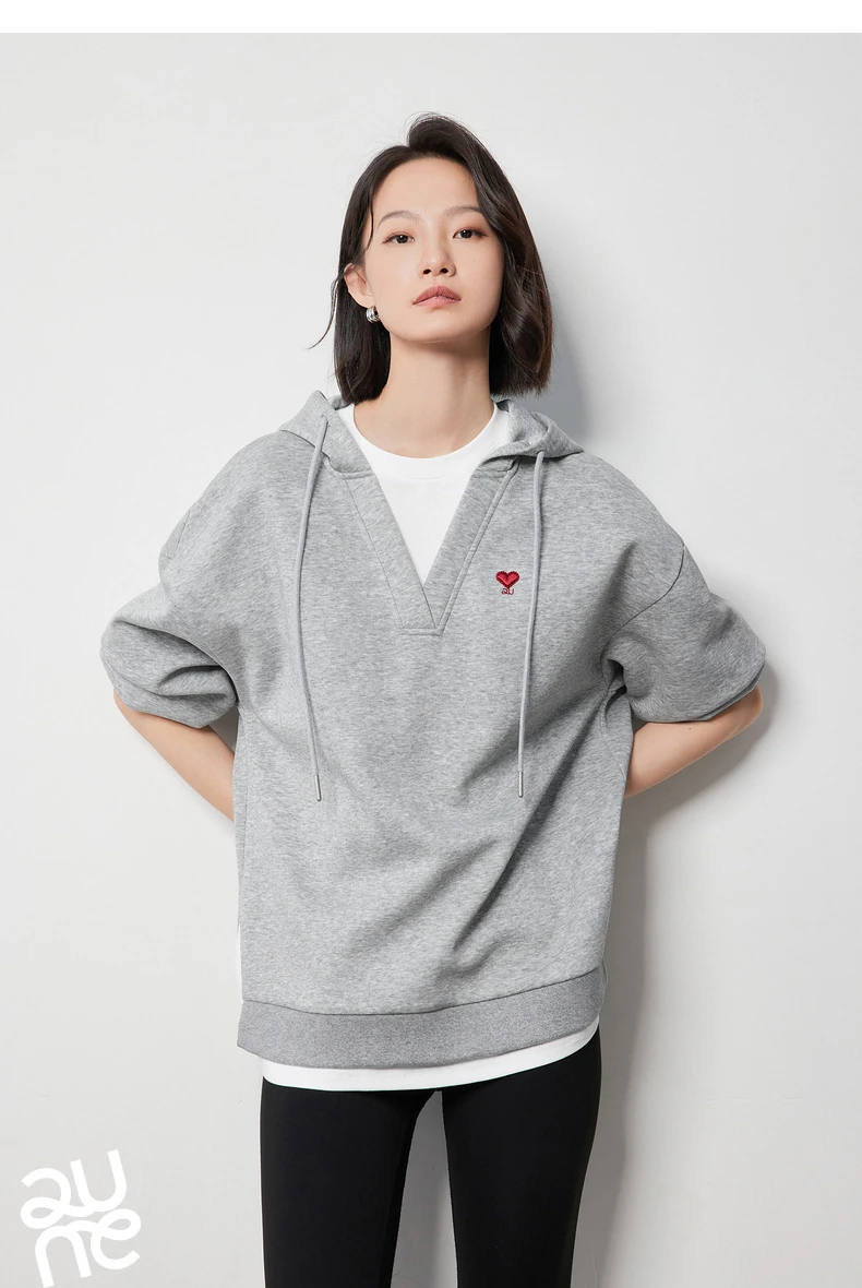TOYOUTH Women Hoodies Sweatshirt 2024 Autumn New Heart Patter Embroidery Fake Two Piece Hooded Pullover Tops