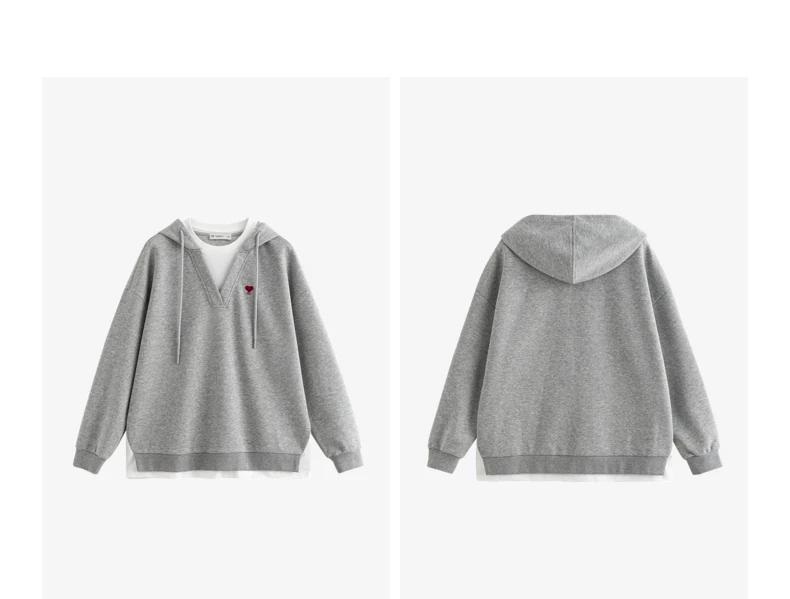 TOYOUTH Women Hoodies Sweatshirt 2024 Autumn New Heart Patter Embroidery Fake Two Piece Hooded Pullover Tops