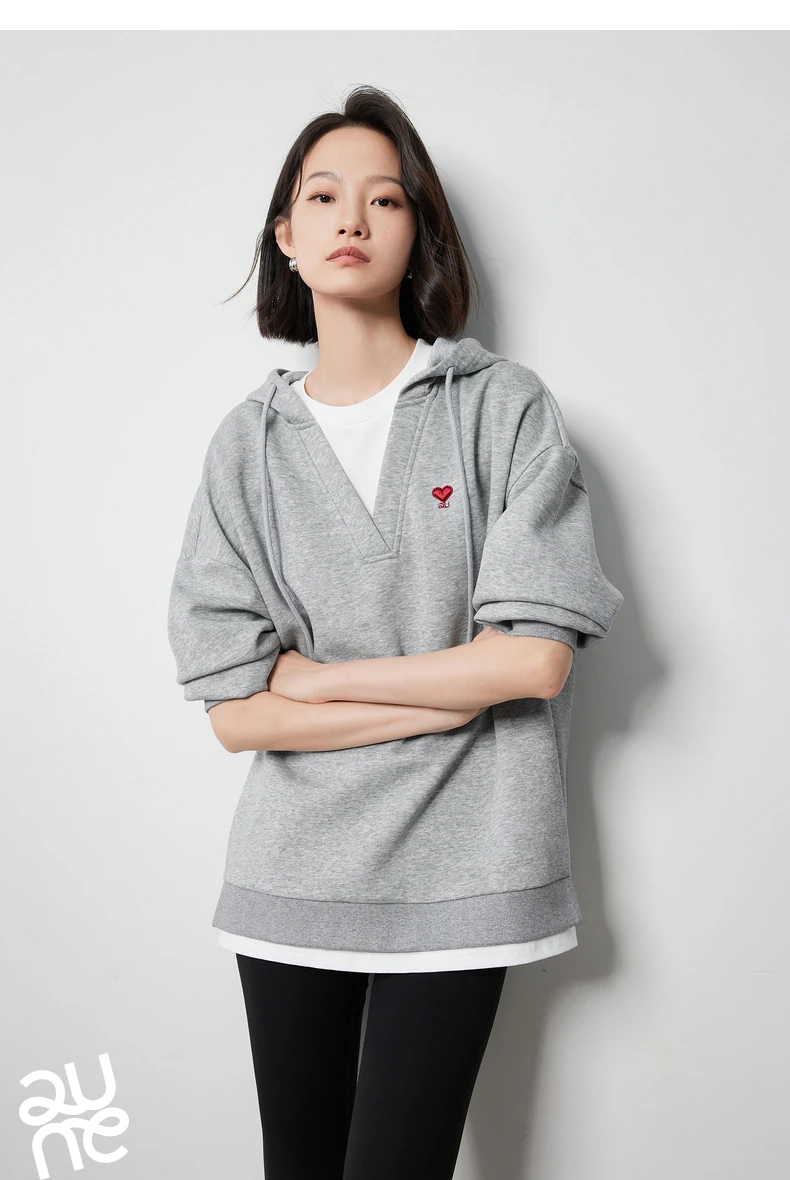 TOYOUTH Women Hoodies Sweatshirt 2024 Autumn New Heart Patter Embroidery Fake Two Piece Hooded Pullover Tops
