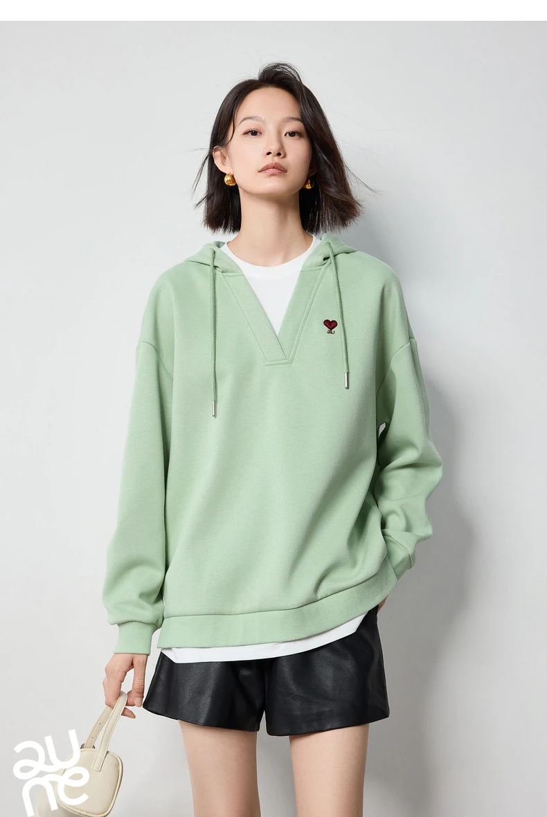 TOYOUTH Women Hoodies Sweatshirt 2024 Autumn New Heart Patter Embroidery Fake Two Piece Hooded Pullover Tops