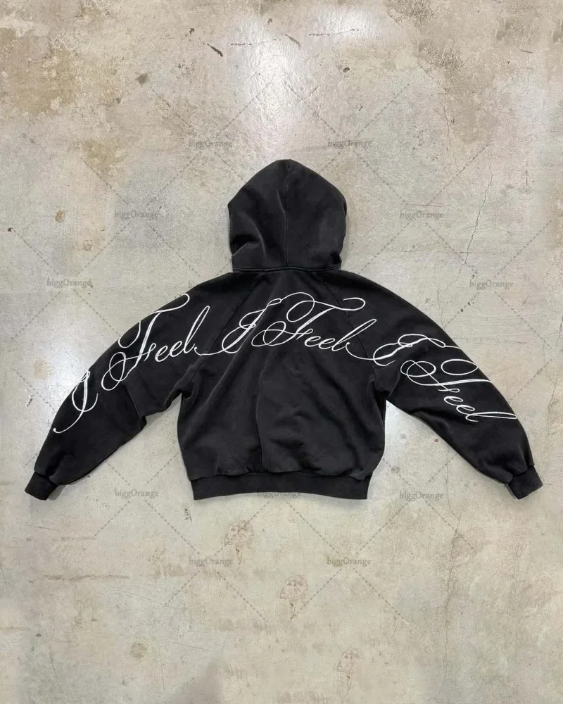 Y2K harajuku Gothic Letter Print Retro Fashion Men And Women Hoodie Hip-Hop Punk Style Black Oversized Zipper Sweatshirts