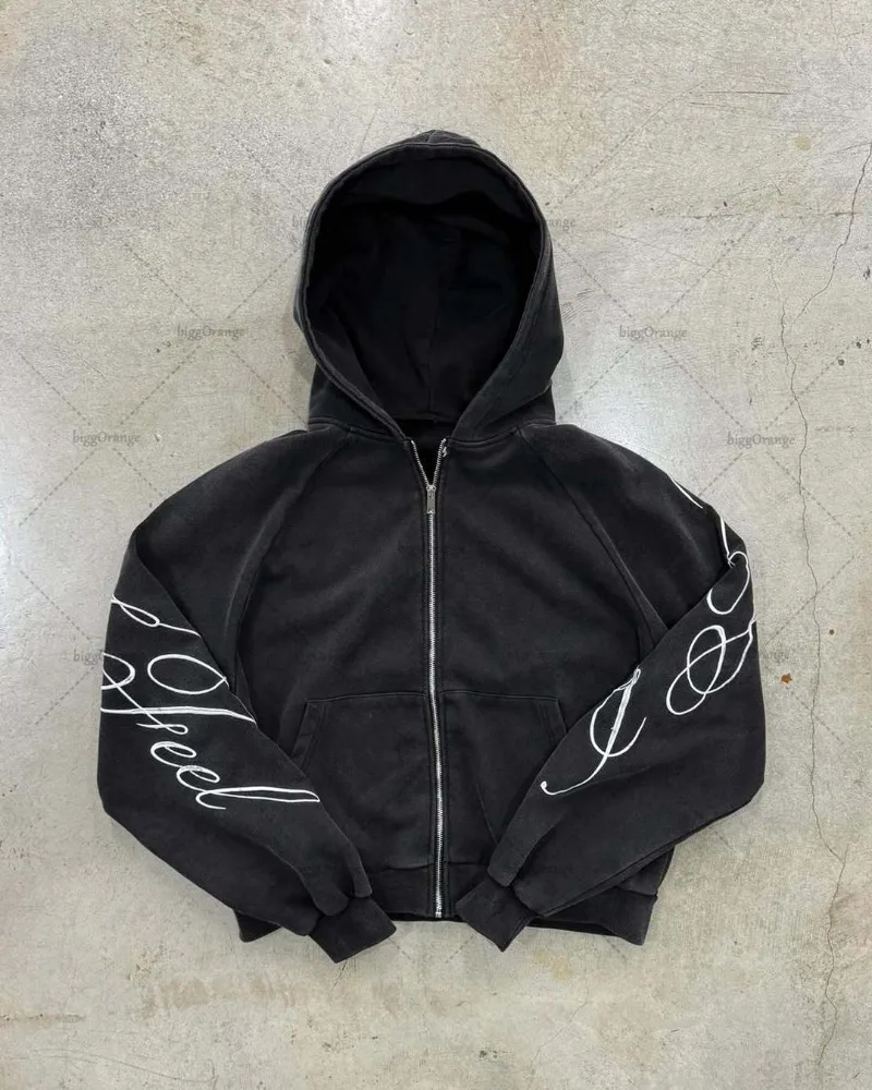 Y2K harajuku Gothic Letter Print Retro Fashion Men And Women Hoodie Hip-Hop Punk Style Black Oversized Zipper Sweatshirts