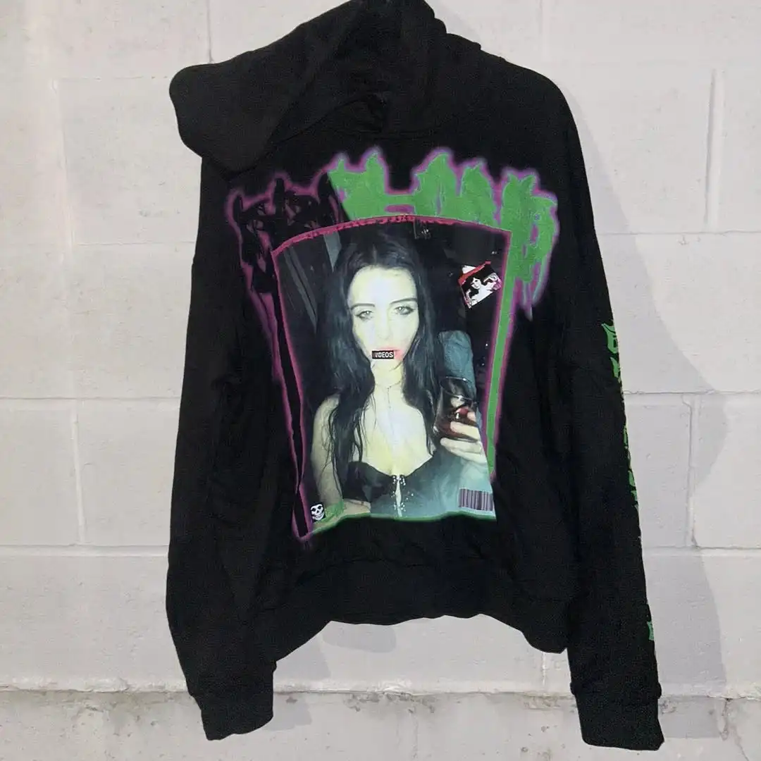 Mens Black Hooded Graphic Hoodie Horror Character Print Thriller Style Streetwear Unique Creative Design Express Individuality