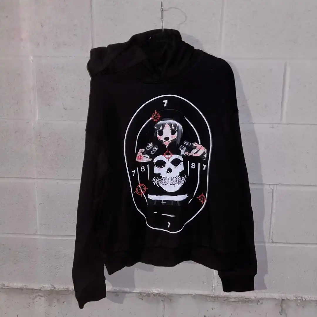 Mens Black Hooded Graphic Hoodie Horror Character Print Thriller Style Streetwear Unique Creative Design Express Individuality