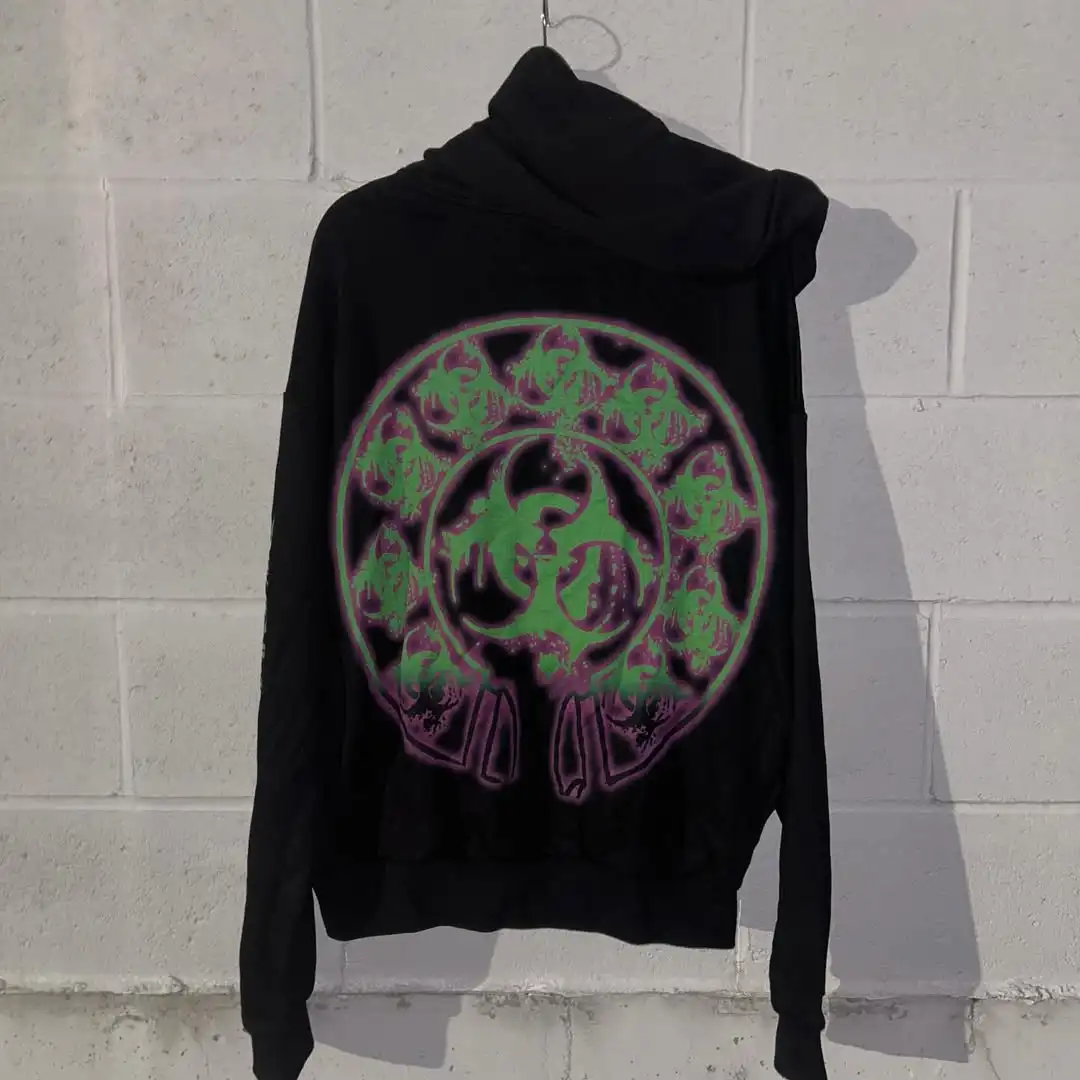 Mens Black Hooded Graphic Hoodie Horror Character Print Thriller Style Streetwear Unique Creative Design Express Individuality